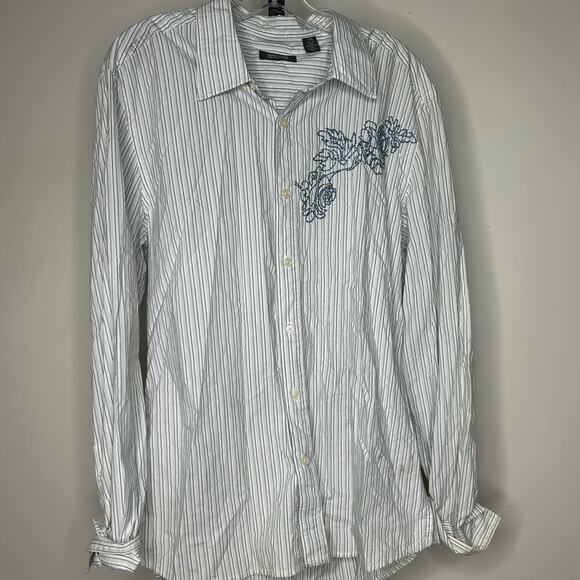 Kenneth Cole Reaction Shirt-‎ Large-embroidered floral button down striped blue - Picture 6 of 7